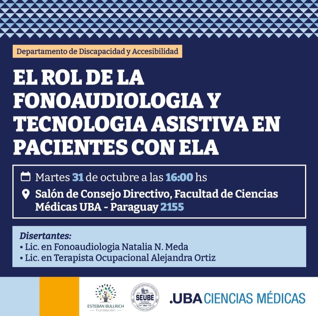 El próximo martes 31 de octubre a las 16hs estaremos realizando en conjunto con la Facultad de Ciencias Médicas de la UBA una nueva capacitación sobre la ELA. Esta vez será para estudiantes y profesionales de Fonoaudiología.