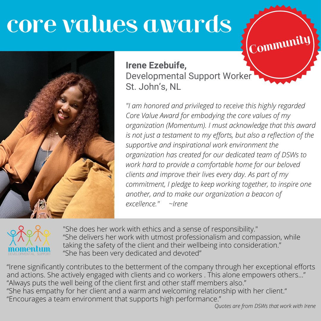 Thank you and congratulations to Irene Ezebuife in St. John's, this month's Core Value Award recipient! 👏

Thank you, Irene, for your wonderful work and continued contributions to our team and clients! 

#CoreValues #EnhancingFutures #Integrity