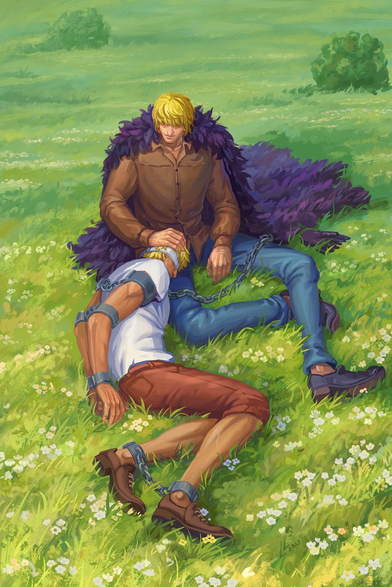 ReLiliya's tweet photo. The scene from Zenithyl's fanwork "The Apocalypse is Here to Stay".
It's full of brotherly love. Look at Rocinante petting resting Doflamingo out in the fields of the nameless uninhabited South Blue Island.😇 https://t.co/6kSw2pgdcR