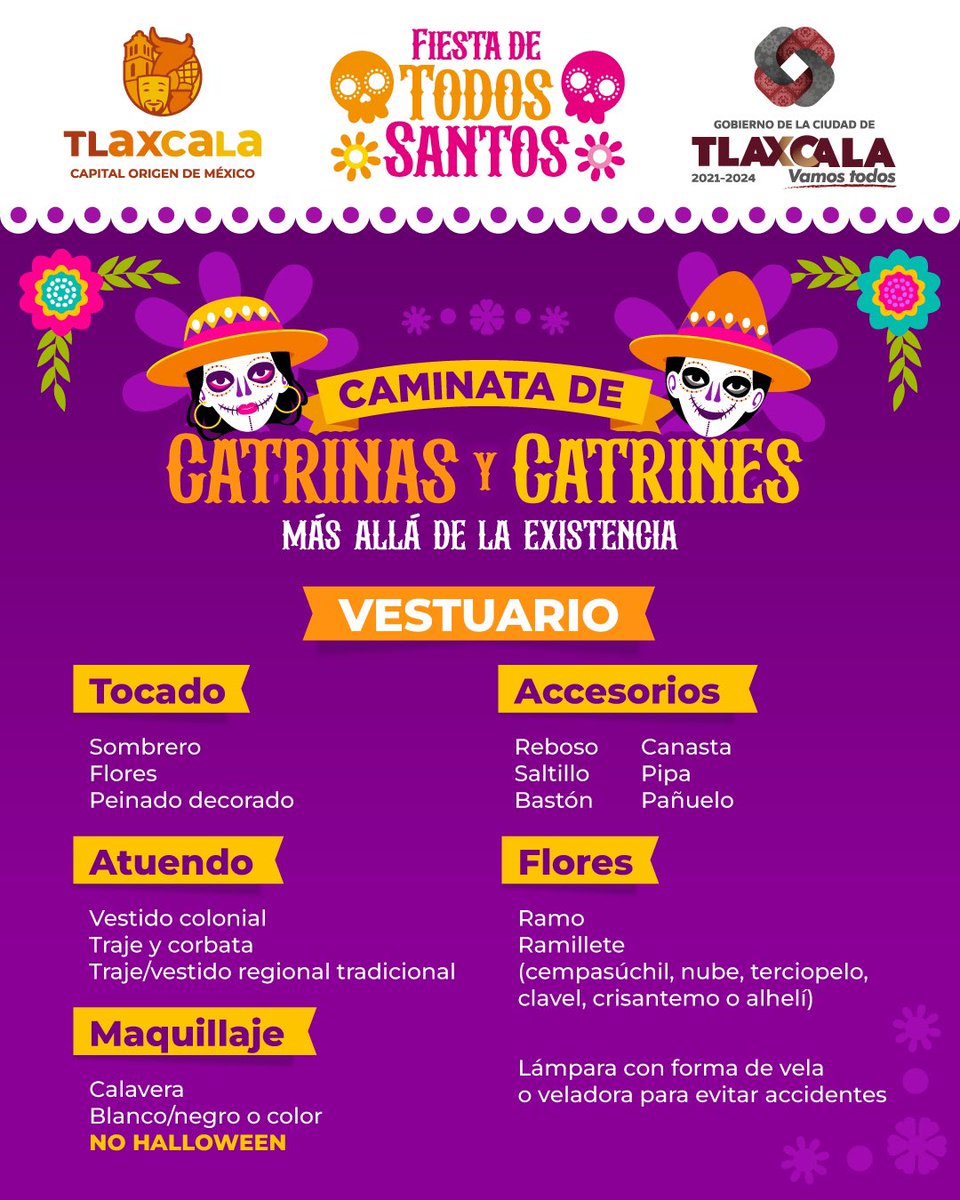 Caminata de #Catrinas y #Catrines
Más allá de la existencia🏵️💀🏵️

🗓️1 de noviembre
⌚️18:00 hrs.
📍Atrio de la Catedral de Tlaxcala

#FiestaDeTodosSantos🕯️💀🏵️
#tenemosTRADICIONES✝️

#Tlaxcala
#CapitalOrigenDeMéxico 🌱 ✨🇲🇽