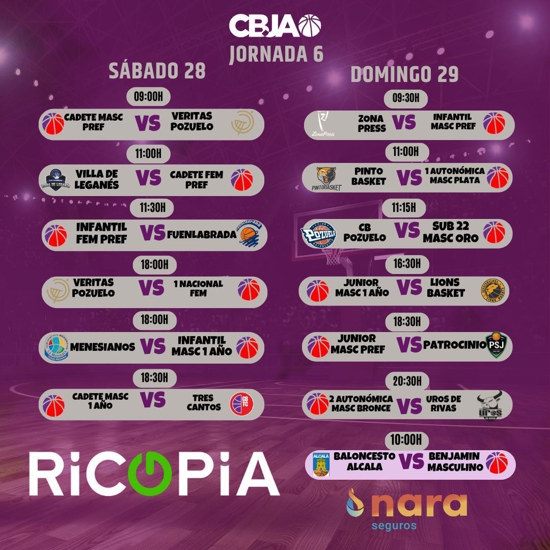 CBJuanDeAustria's tweet photo. 👉🏻 Partidos de la Jornada. 

📅 28 de octubre. 

#eljuandesuma #lafamiliamorada #vamosjuande #cbja #ricopia #fmb #alcaladehenares https://t.co/W4qQuNAoRw