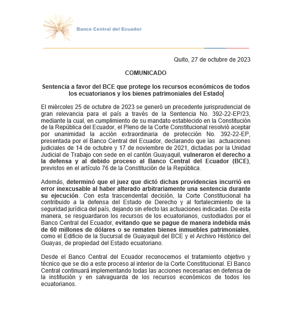 BancoCentral_Ec's tweet photo. COMUNICADO OFICIAL

Compartimos el pronunciamiento del Banco Central del Ecuador referente a la sentencia favorable que protege los recursos económicos de todos los ecuatorianos y los bienes patrimoniales del Estado

Más información: https://t.co/tiTBeZFyPv https://t.co/cRoYB7sm5x