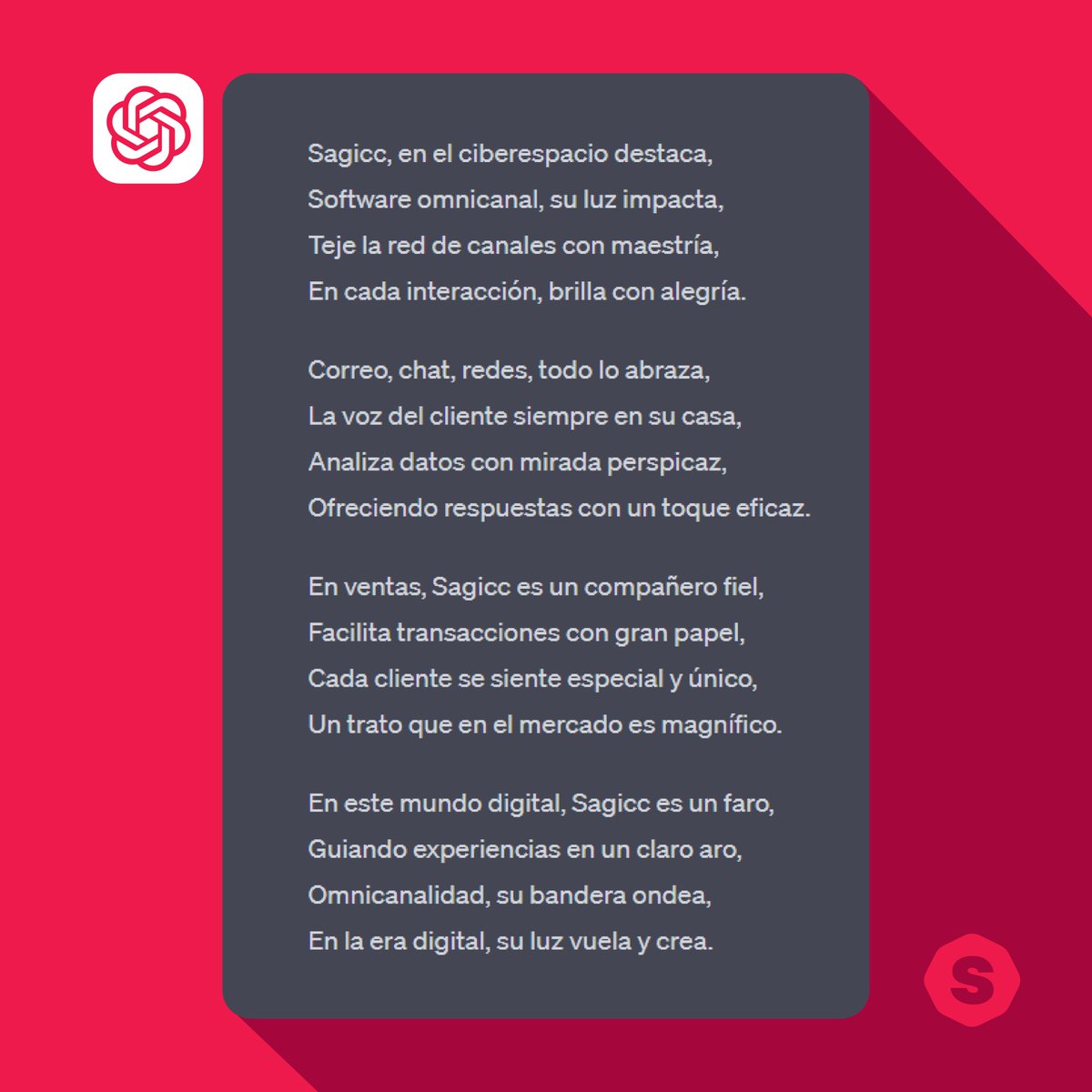 Sagicc_official's tweet photo. ¡Y ahora un poema! ✍️🗒️ Nosotros también queríamos saber que pensaba la #IA acerca de Sagicc... Gracias #openAI nos has cautivado! https://t.co/20eXgLj2jR