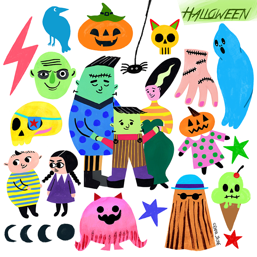 Halloween themed icons with hints of Cinnabar Green Light for today's #colour_collective #spooky #Halloween #Doodles