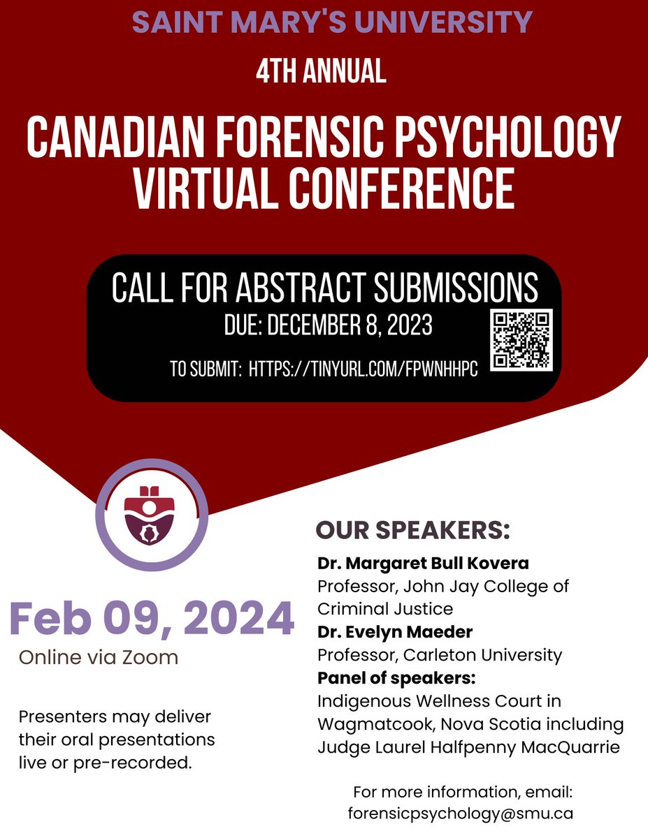 We are excited to announce our 4th Annual Canadian Forensic Psychology Virtual Conference with Saint Mary’s University. We are welcoming abstract submissions until Dec 8th. Hope to see you there!