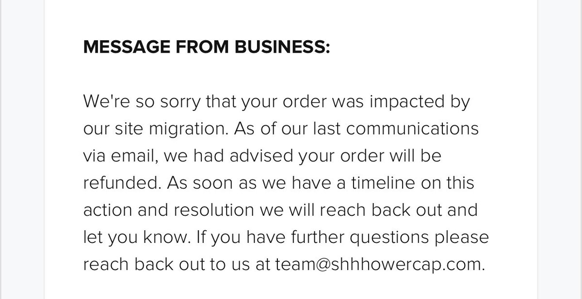 melalmli's tweet photo. This is hilarious, @deejayzoo @SHHHOWERCAP response to my BBB complaint. Since when does a business need to develop a timeline on resolution? It’s $54. Refund today. @ABC7NY https://t.co/SsDc6Hf8Fr