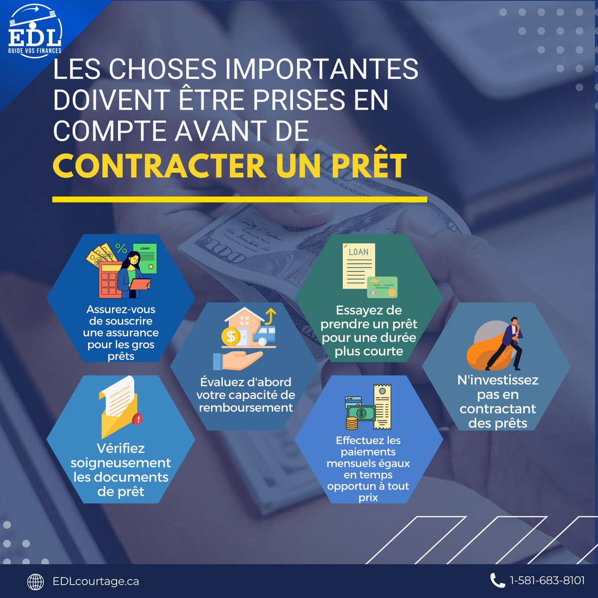 EDLcourtage's tweet image. Prendre un prêt est une décision importante. Pesez le pour et le contre, et assurez-vous que cela contribue à votre stabilité financière à long terme. 🤔💼 #DécisionFinancière #Stabilité