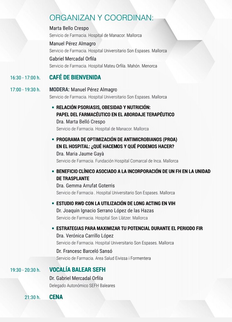 Biel Mercadal (@bielmercadal1) on Twitter photo 🌟 El próximo viernes 10 de Noviembre tendremos la oportunidad de reunirnos los socios <a href="/sefh_/">S.E.F.H</a> de Baleares.
👉Un programa para reencontrarnos y reafirmar los proyectos en nuestro territorio <a href="/ibsalut/">Servei de Salut de les Illes Balears (IB-SALUT)</a>
😊Muy ilusionado, de este primer encuentro como Vocal <a href="/sefh_/">S.E.F.H</a> en Baleares 🌟 El próximo viernes 10 de Noviembre tendremos la oportunidad de reunirnos los socios <a href="/sefh_/">S.E.F.H</a> de Baleares.
👉Un programa para reencontrarnos y reafirmar los proyectos en nuestro territorio <a href="/ibsalut/">Servei de Salut de les Illes Balears (IB-SALUT)</a>
😊Muy ilusionado, de este primer encuentro como Vocal <a href="/sefh_/">S.E.F.H</a> en Baleares