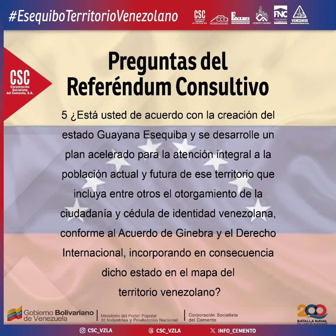 #29Oct🇻🇪 La Corporación Socialista del Cemento reconoce y apoya el Referéndum Consultivo en defensa del territorio Esequibo.   

¡El Esequibo es del Pueblo Venezolano!  

#ElEsequiboEsVenezolano