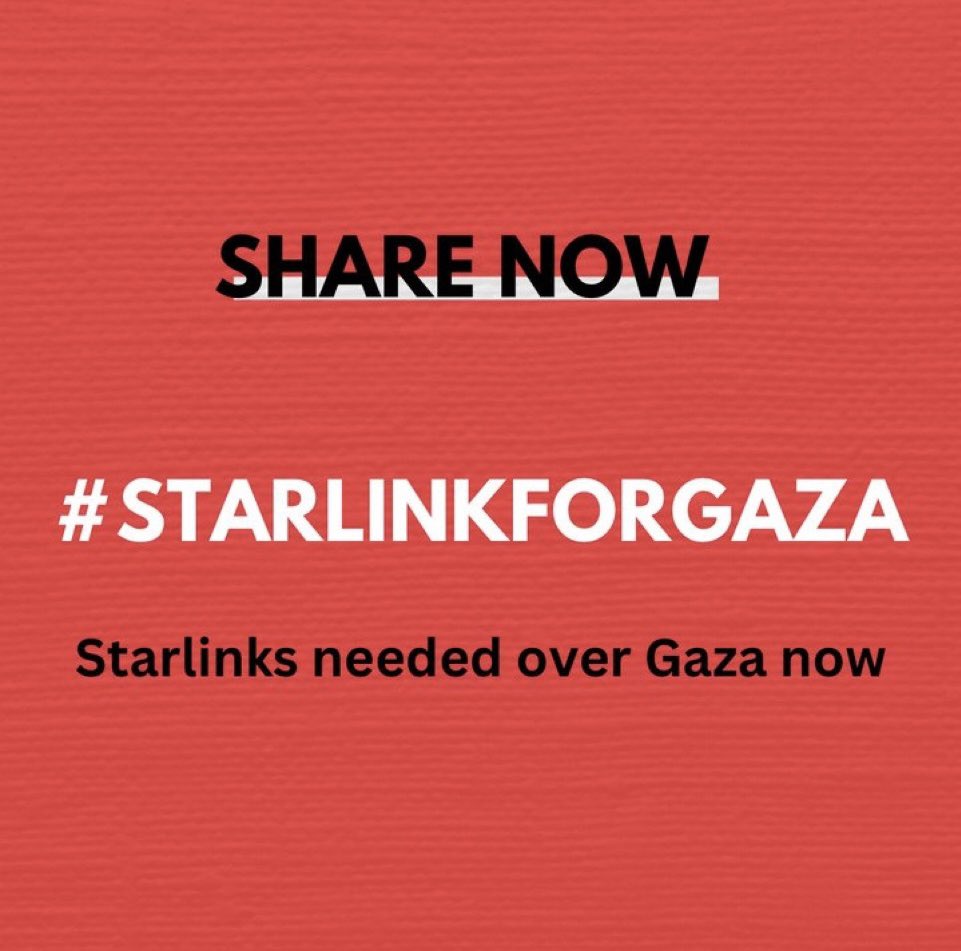 انقطع إتصالهم بأهل الأرض لكن إتصالهم برب السماء لا ينقطع
اللهم مدهم بمددك وجندك
NO FOOD
NO WATER
NO ELECTRICITY
NO FUEL
NO INTERNET
PLEASE SEND A STARLINK TO GAZA🇵🇸🇵🇸🇵🇸 #starlinkforgaza #GazaUnderAttacknow 
#Gaza_Genocide #IsraelTerrorists 
#Israel_Enemy_of_Humanity