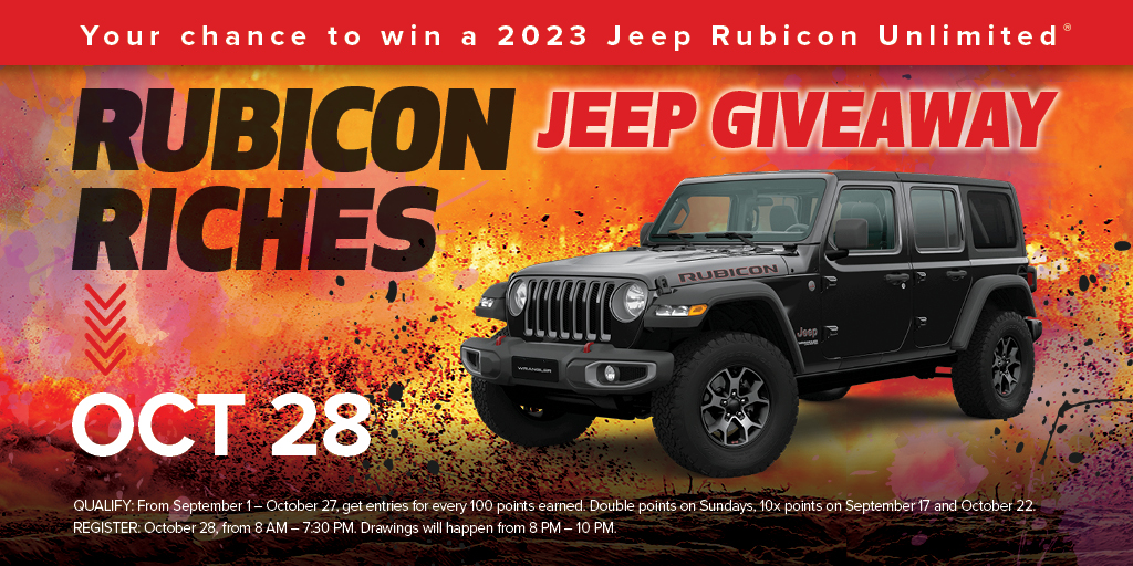 Last call! 🚨 Your last chance to win a 2023 JEEP RUBICON UNLIMITED is here! Rack up 100 points at the slots to seize the opportunity for this incredible prize. Don't miss out. Visit us tomorrow for the big reveal.

Learn more at: bit.ly/3EqUhwN
