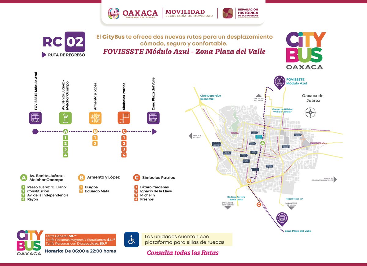 GobOax's tweet photo. ¡Conoce las dos rutas del #CityBus que operarán a partir de este viernes! Recuerda que hasta el 12 de noviembre, este transporte será gratuito para todas y todos.

Ruta 1: Viguera - San Sebastián Tutla
Ruta 2: FOVISSSTE Módulo Azul - Plaza del Valle

En el Gobierno de la Transformación, sentamos las bases del Desarrollo Integral y Sustentable brindando una nueva forma de transporte seguro e incluyente.