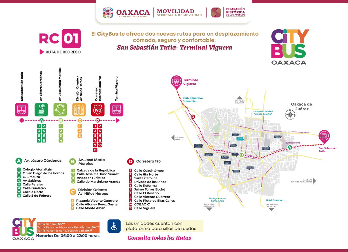 GobOax's tweet photo. ¡Conoce las dos rutas del #CityBus que operarán a partir de este viernes! Recuerda que hasta el 12 de noviembre, este transporte será gratuito para todas y todos.

Ruta 1: Viguera - San Sebastián Tutla
Ruta 2: FOVISSSTE Módulo Azul - Plaza del Valle

En el Gobierno de la Transformación, sentamos las bases del Desarrollo Integral y Sustentable brindando una nueva forma de transporte seguro e incluyente.