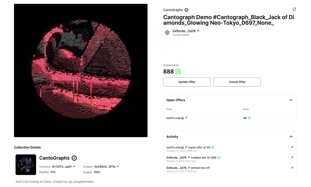 ℕ𝕖𝕨 𝕠𝕟 𝔹𝕝𝕒𝕟𝕜 ℝ𝕒𝕤𝕒 - 𝕀𝕞𝕡𝕣𝕠𝕧𝕖𝕕 𝕀𝕥𝕖𝕞 𝔻𝕚𝕤𝕡𝕝𝕒𝕪

Collectors can now easily view open offers, market activity, and attributes for every NFT – like this "Glowing Neo-Tokyo" CantoGraph by <a href="/sgt_sl8termelon/">sgt_slaughtermelon 🍉</a>.

→ blankrasa.com