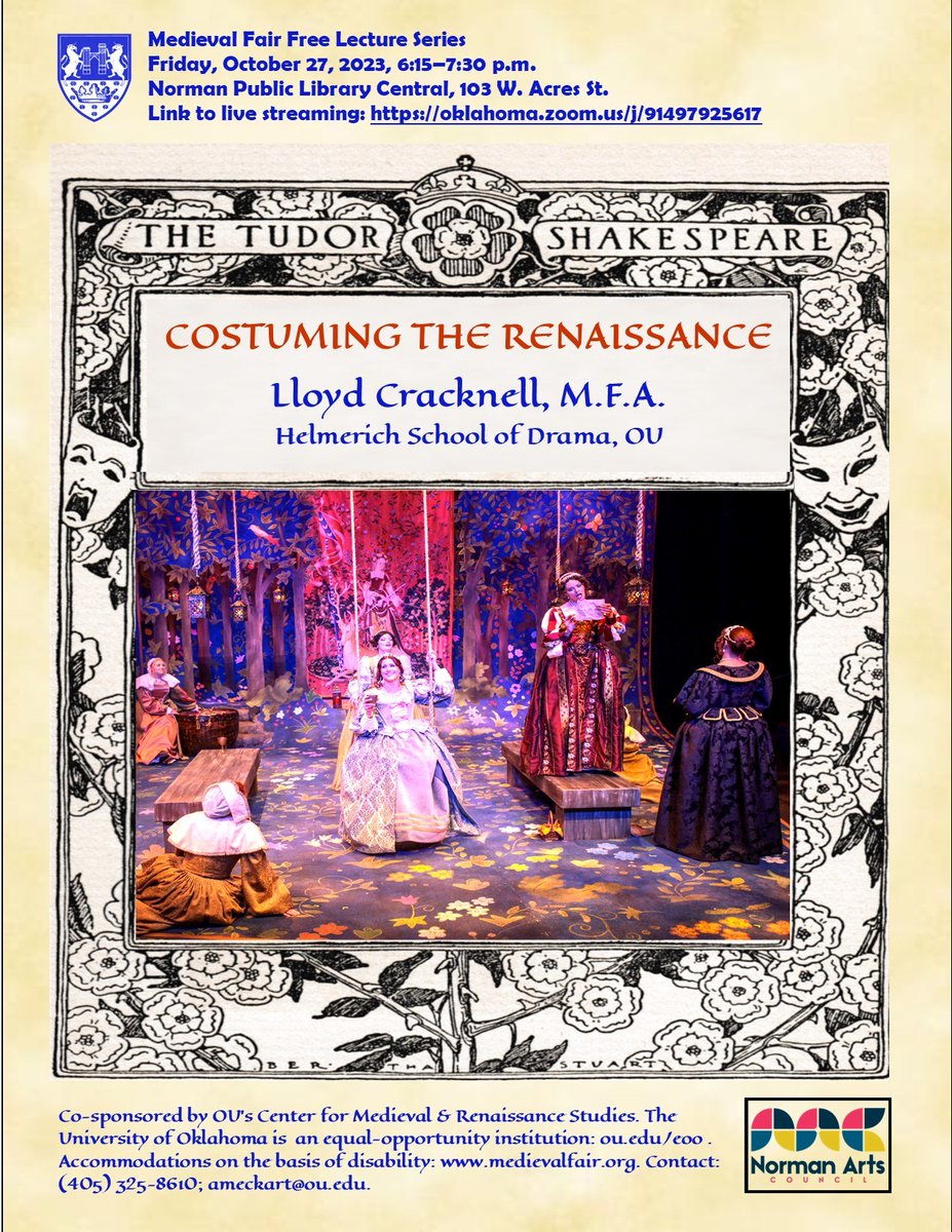 PalmeriJoAnn's tweet photo. Today’s pairing of @UofOklahoma events and #OULibraries #RareBooks: poster for tonight’s Medieval Fair lecture “Costuming the Renaissance”
& illustration from Histoire du costume de l'antiquité à 1914 (1933) by Maurice Leloir #CostumeHistory https://t.co/eIfcpjdc4g
