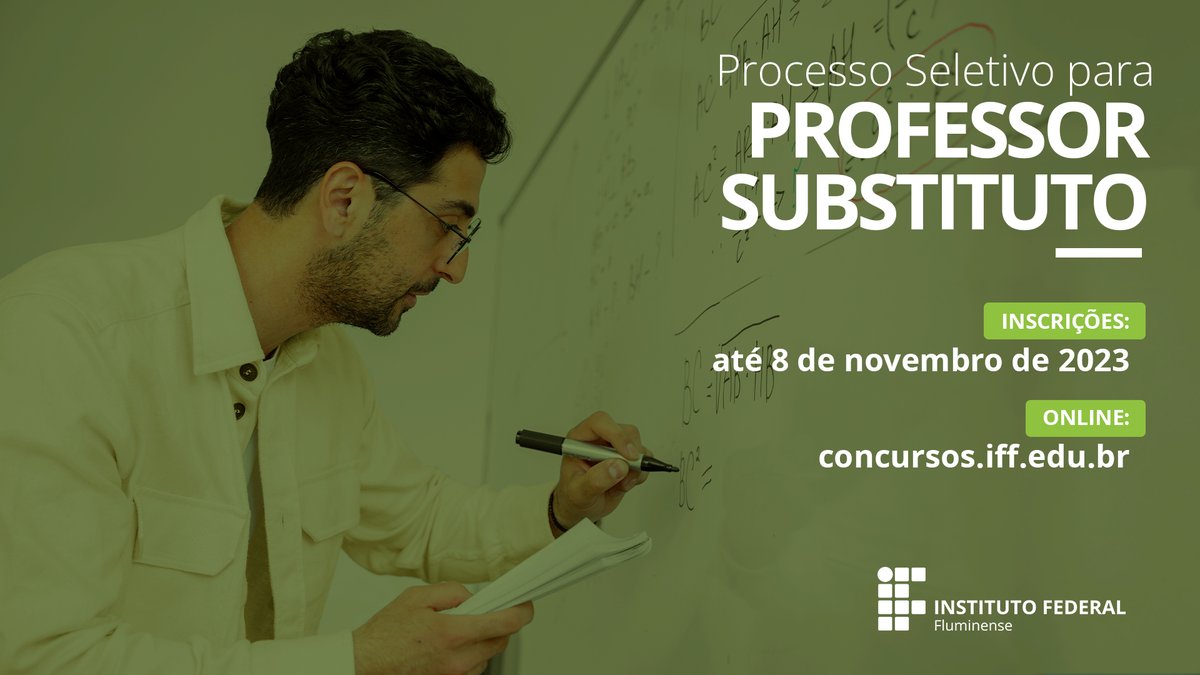 Vagas para contratação de Professor Substituto!

São ofertadas 12 vagas.

Os interessados devem realizar a inscrição até 08/11/2023, no endereço eletrônico concursos.iff.edu.br.

Saiba mais: s.iff.edu.br/GpxFv2