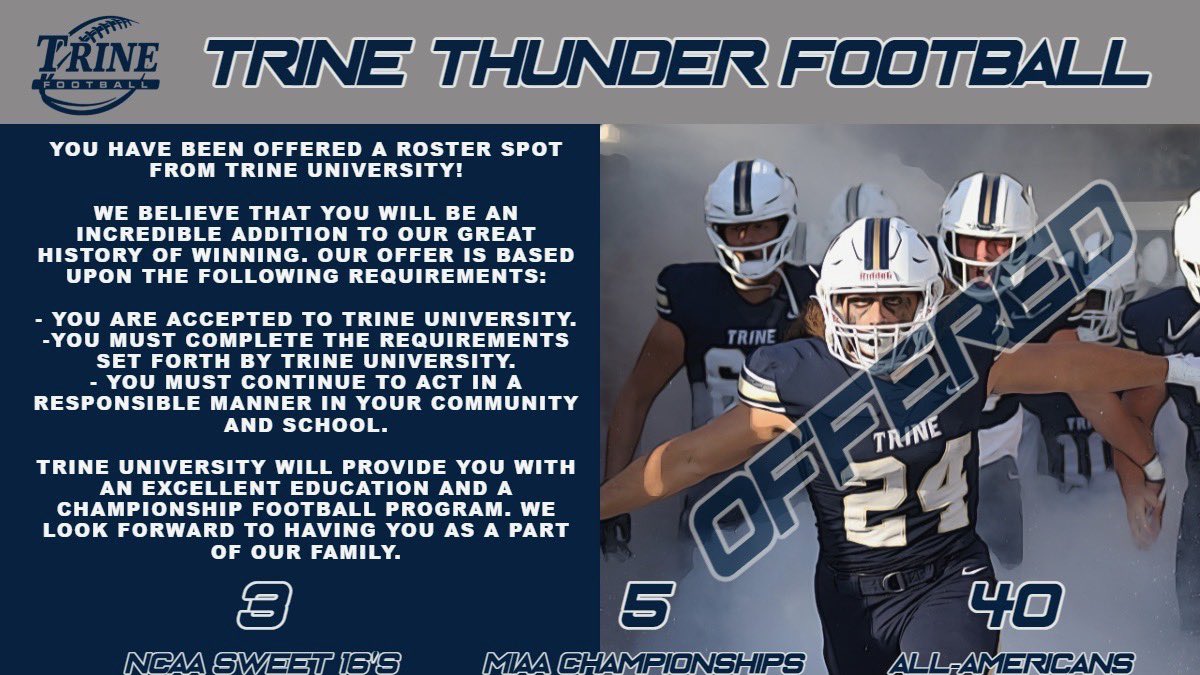 Excited to announce I have received my first offer from <a href="/TrineThunderFB/">Trine Thunder FB</a>! Thank you Coach Kinsey and the rest of the staff for this opportunity! <a href="/NorthBranchFB/">North Branch Football</a> <a href="/MIexposure/">Michigan exposure</a>