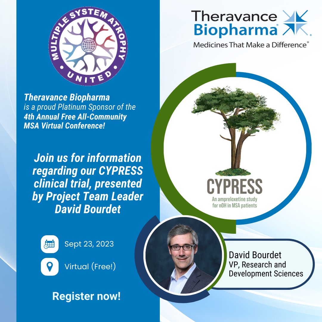 Theravance Biopharma (@theravancebio) on Twitter photo If you missed the live 4th Annual Free All-Community MSA Virtual Conference in September, here is Theravance Biopharma’s presentation about our Phase 3 CYPRESS clinical trial: bit.ly/3Mjs6o6. More conference videos are available <a href="/DefeatMsa/">Defeat MSA Alliance</a>. If you missed the live 4th Annual Free All-Community MSA Virtual Conference in September, here is Theravance Biopharma’s presentation about our Phase 3 CYPRESS clinical trial: bit.ly/3Mjs6o6. More conference videos are available <a href="/DefeatMsa/">Defeat MSA Alliance</a>.