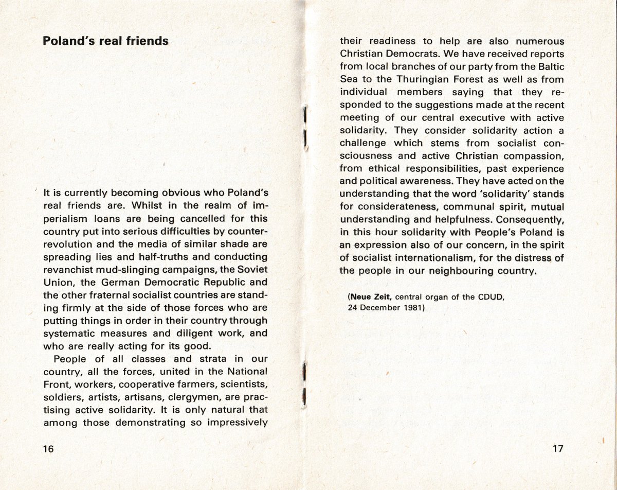 A 1982 GDR booklet on the rise of 'Solidarnosc' in Poland. The text is a commentary by the East German 'Christian Democratic Union' party. Note the repeated use of the word 'solidarity', implicitly reclaiming it for the communist perspective.