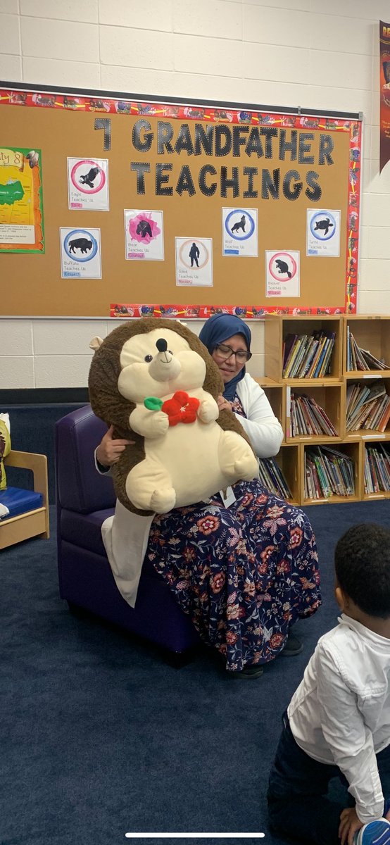 This is Sister Khadijah's new library helper and friend. His name is Jamie the hedgehog. Jamie is a real good listener when stories are being read to all the students, and hopes the students will be good listeners as well! @FMPSD @MyMarkaz