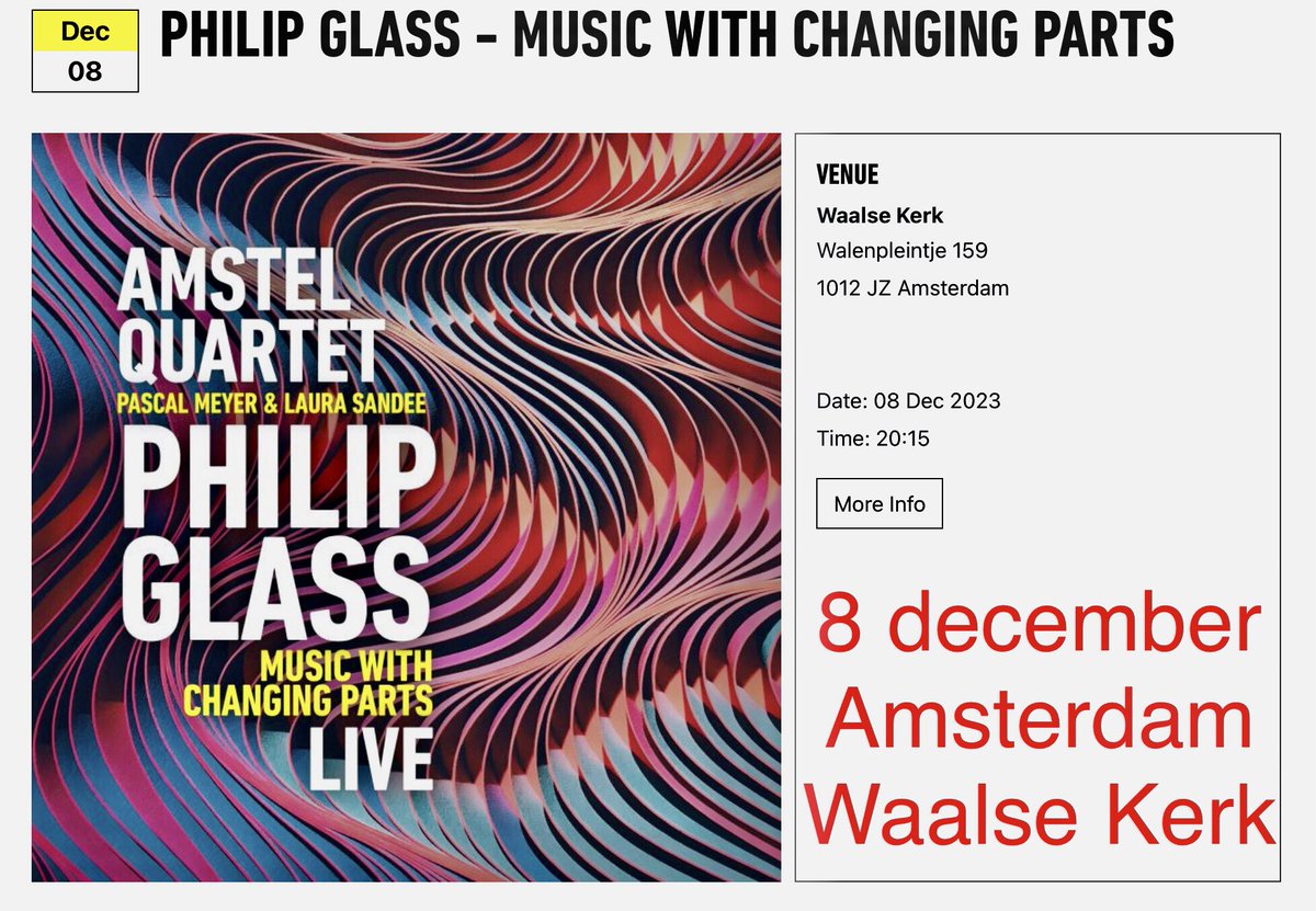 GlassHommage's tweet photo. Music with changing parts van @philipglass uitgevoerd door @AmstelQuartet op vrijdag 8 december in @DeWaalseKerk te Amsterdam. Tot Glass!

Info en tickets: https://t.co/h9YaNeoAxO https://t.co/Ih7wVqQiJY