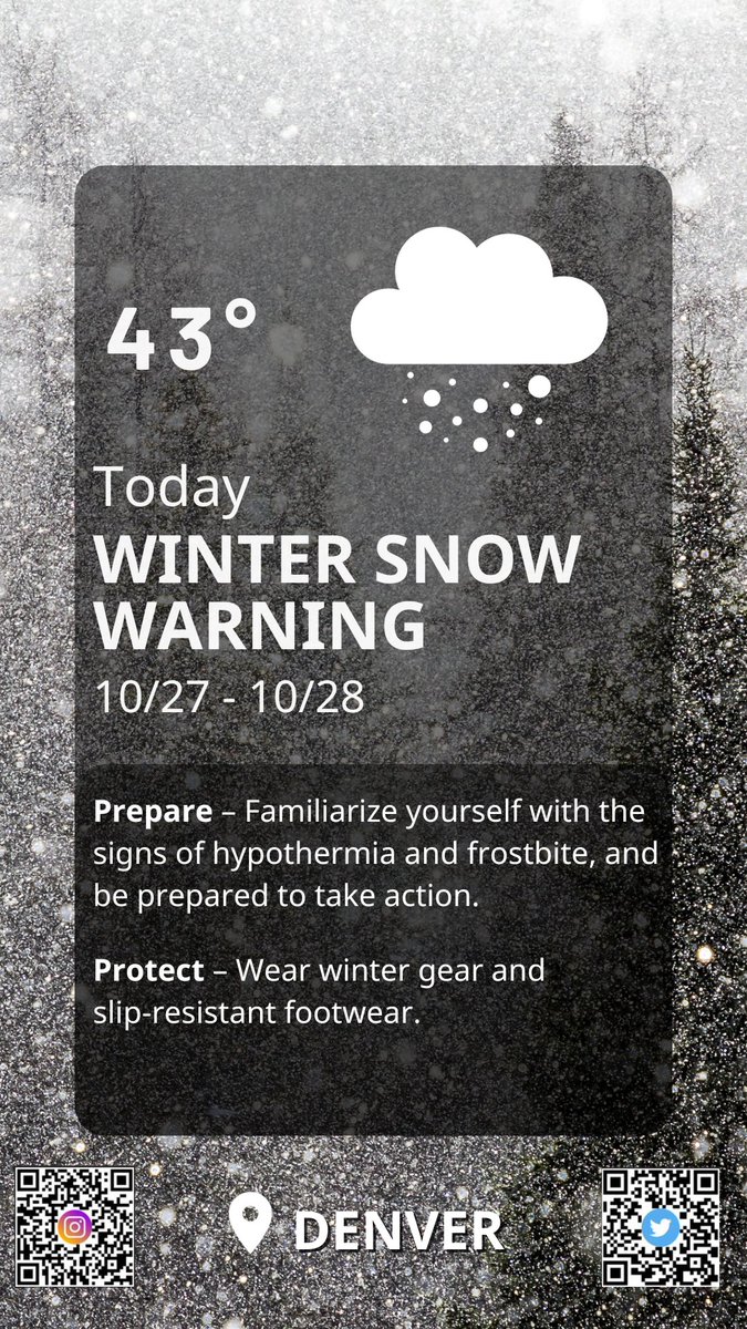 AOSafetyUAL's tweet photo. First major snow event of the season❄️! Our friends in @DENAirport, please take care. DEN downtown will get up to 6" of snow and up to 12" west and south of the city. Layer up, wear strong grip shoes, and know the signs of hypothermia and frostbite🥶 #winterops #snowevent https://t.co/YEW0InRATo
