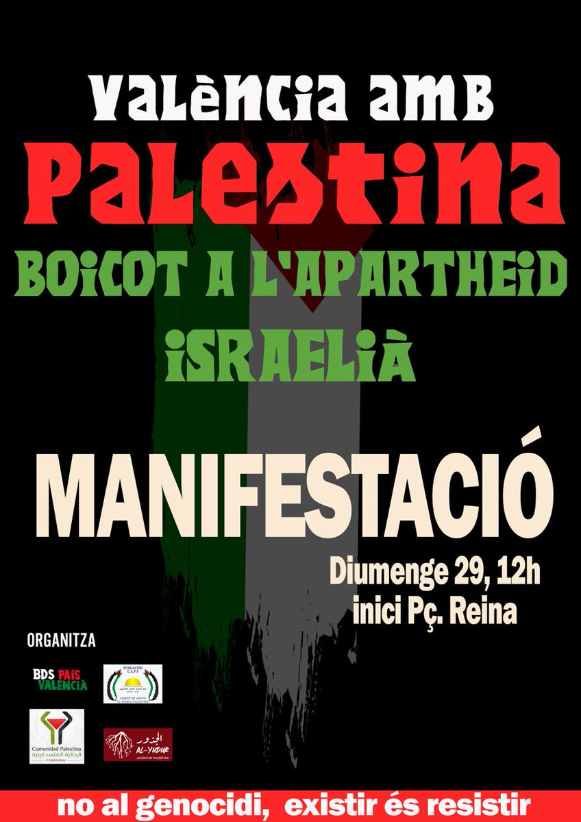 ❗️🇵🇸 Important ❗️🇵🇸 Convoquem manifestació unitària:

València amb Palestina 🇵🇸, boicot a l'apartheid israelià, no al genocidi.

📌 Diumenge 29 octubre, 12h, pl. de la Reina, València.