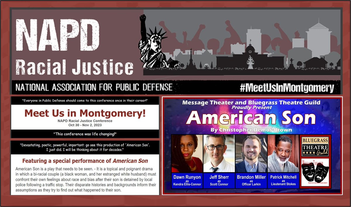 Excited to have the Bluegrass Theatre Guild and Message Theatre join us in Montgomery! Get ready for an incredible performance of "American Son". Huge shoutout to the amazing cast and production team - Dawn Runyon, Jeff Sherr, Brandon Miller, Patrick Mitchell, and Shawn Reaves!