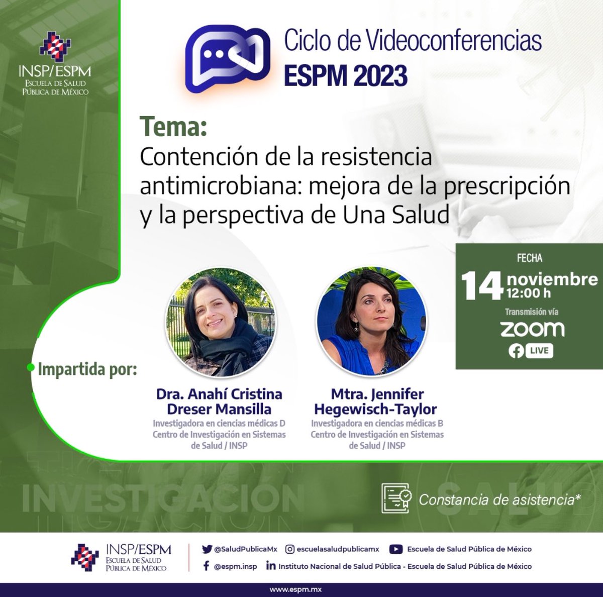 SaludPublicaMx's tweet photo. Agenda la próxima #VCI23 📆 "Contención de la resistencia antimicrobiana: mejora de la prescripción y la perspectiva de Una Salud" con la participación de la Dra. Anahí Cristina Dreser Mansilla y la Mtra. Jennifer Hegewish-Taylor ✅
📅 14 de nov · 12 h
💻 Vía Fb Live y zoom https://t.co/OiSWpIwm3i