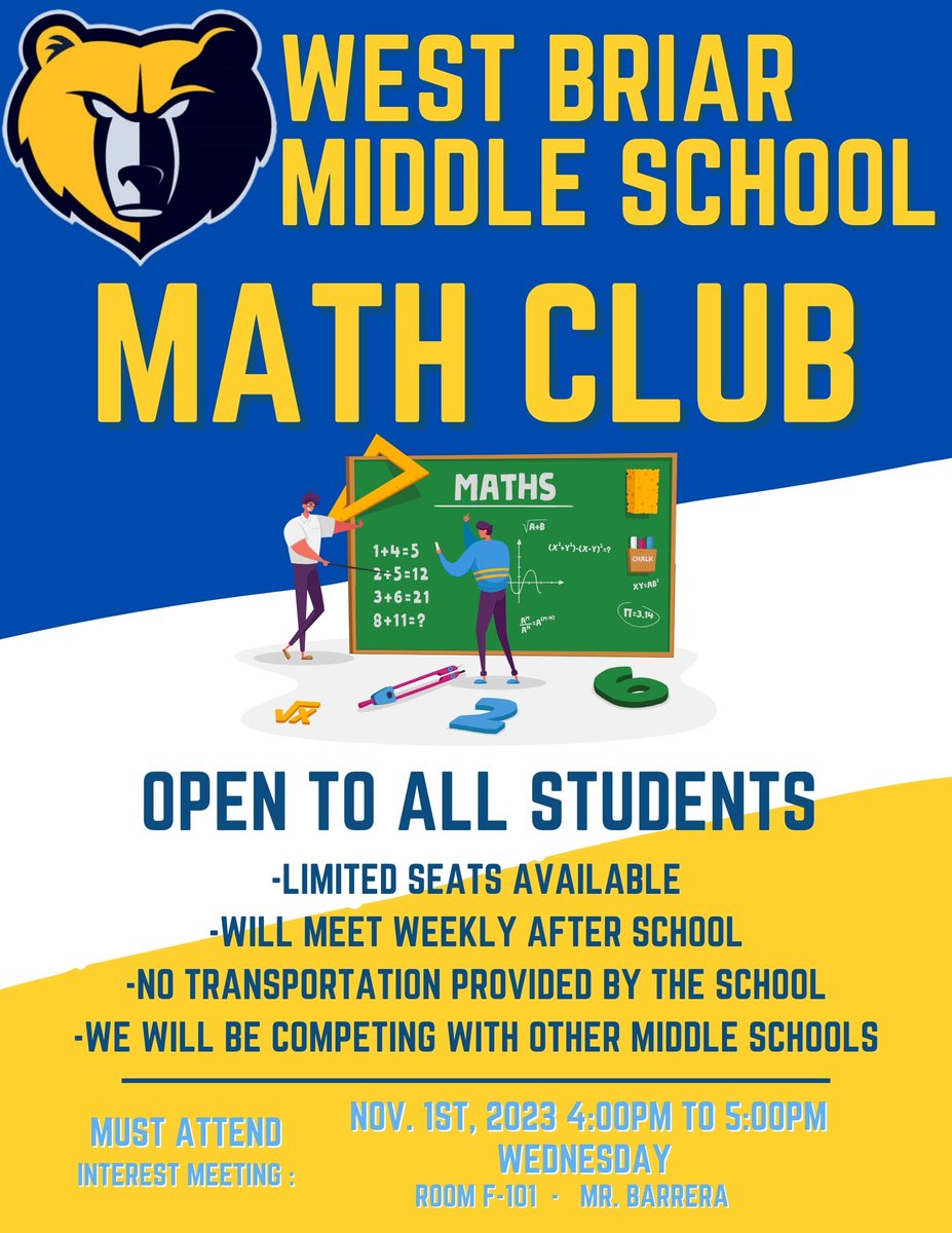 ➕Interested in Math?!  Come check out the Math Club and possibly get to participate in Math Counts competitions!  See Mr. Barerra next week for the first meeting‼  <a href="/wbmspto/">wbmspto</a>