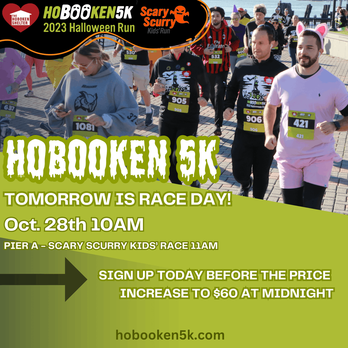 HoBOOken5K's tweet photo. The spooktacular 'BOO is tomorrow! We can't wait to see you there! Sign up before the price increases to $60 at midnight! https://t.co/qcnLcKpMc1