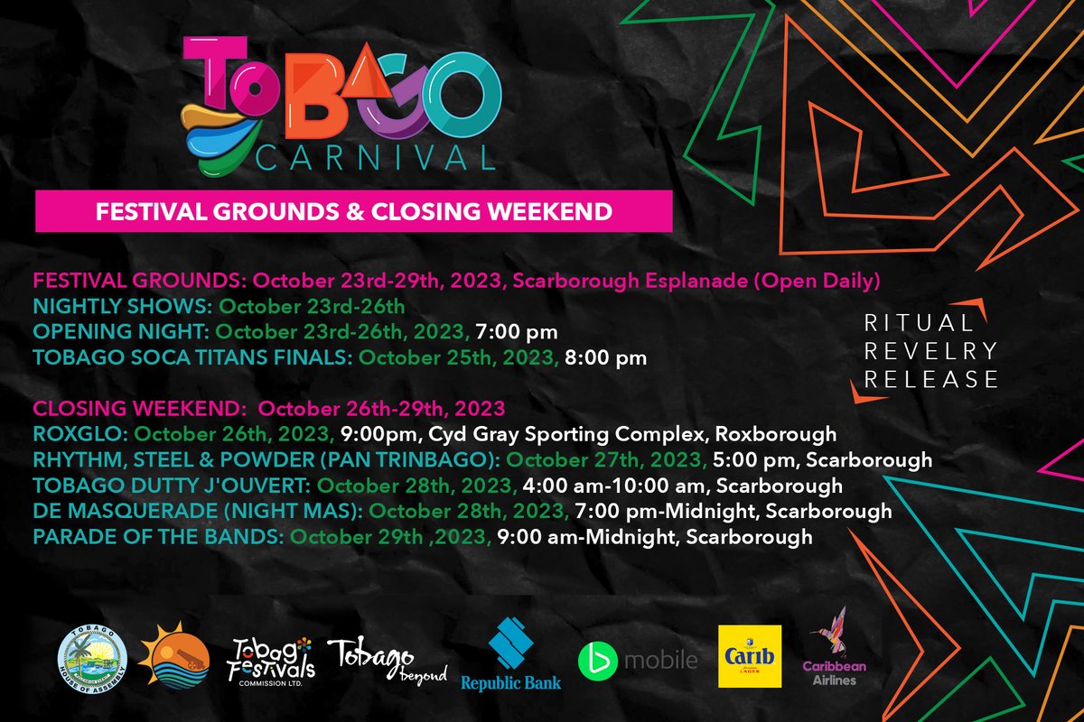 mccdtt's tweet photo. Here's what's on for Tobago Carnival this weekend! 🎉 Don't miss a moment of the action 😎

Visit @welcometobago for regular updates! https://t.co/fmzPUEsJDR