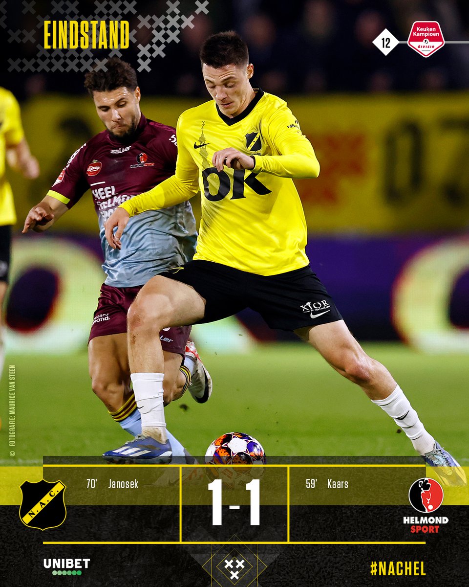 NACnl's tweet photo. Einde wedstrijd. NAC - Helmond Sport eindigt in een gelijkspel.
#NACpraat #NAChel | Powered by Unibet https://t.co/GDyJjCfLWz