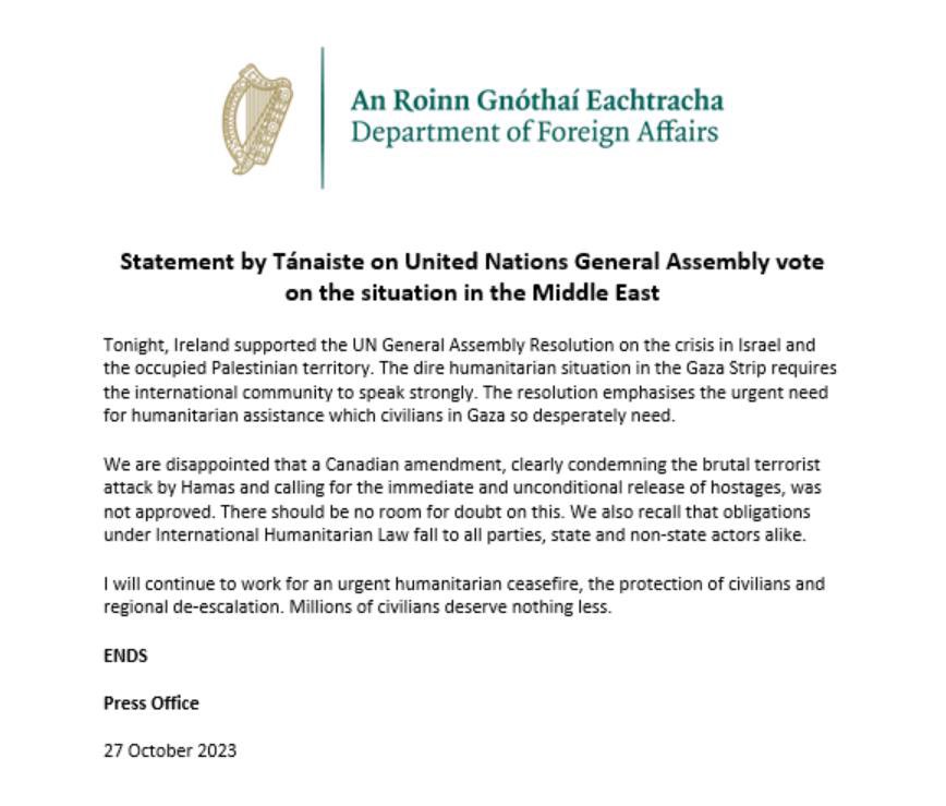 My statement on Ireland’s vote at the UN on the situation in Israel and the occupied Palestinian territory
