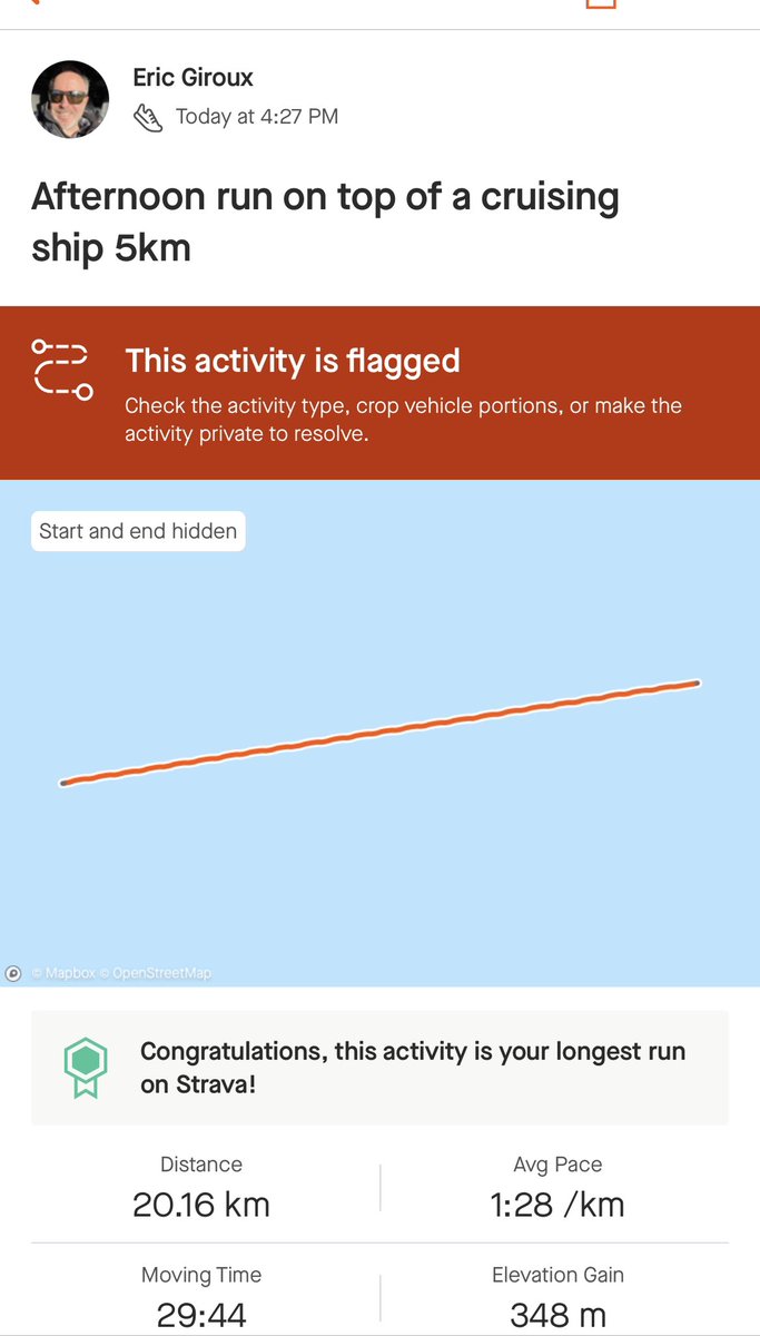 Eric_Giroux's tweet photo. @Strava am on top of a cruise ship doing a 5km run… why is it flagged? 😳 https://t.co/POJrbSNWgT