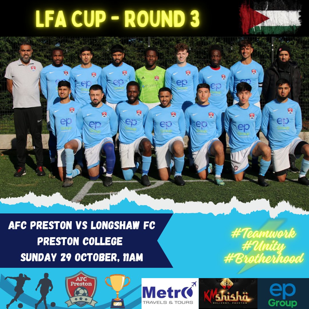 AFCPreston's tweet photo. LFA cup action for the lads this Sunday as we take on high flying Blackburn side Longshaw FC 💪🏽🔥
Come down and support the lads 👇🏾
#WeRiseTogether #TeamWork #Brotherhood #Unity #LFAcup https://t.co/V33hHpvH93