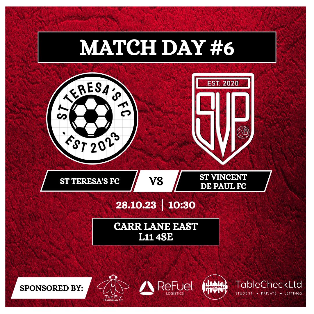 St Vincent de Paul FC (@svp_mcl) on Twitter photo After being rained off last week, tomorrow we face <a href="/STeresasFC/">St Teresa's FC ⚽️</a> away
🏟️Carr Lane East
🕥 KO - 10:30
👕🔴⚫
Thanks to our sponsors:
<a href="/FlyintheLoaf/">Fly in the Loaf</a>
Refuel Logistics
Table Check
Muscatelli Media After being rained off last week, tomorrow we face <a href="/STeresasFC/">St Teresa's FC ⚽️</a> away
🏟️Carr Lane East
🕥 KO - 10:30
👕🔴⚫
Thanks to our sponsors:
<a href="/FlyintheLoaf/">Fly in the Loaf</a>
Refuel Logistics
Table Check
Muscatelli Media