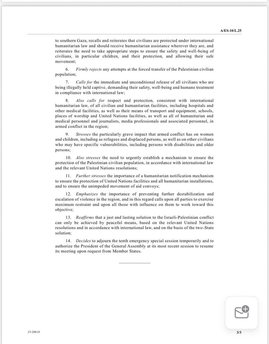 Este es el texto de la resolución para un una tregua en #Gaza adoptada, que impulsó Jordania en nombre del grupo de países árabes