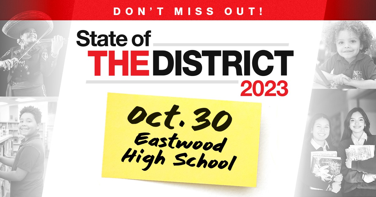 .@EMS_Raiders 📣 Join us at 5:30 p.m. Oct. 30 at Eastwood HS for the 2023 State of #THEDISTRICT! 💼💯 Watch students perform 🎶 & get the scoop on our state ratings, bond program & finances 📊🔑 First 100 people in the door get a FREE Craze lemonade! 🍋 #RaidersRiseUp