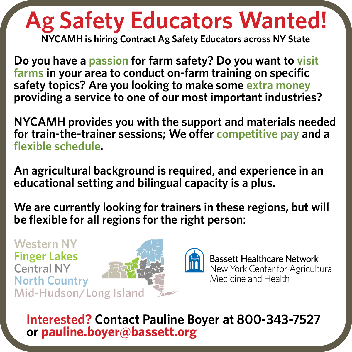 TheNECenter's tweet photo. The Northeast Center and NYCAMH are pleased to announce an exciting opportunity for Contract Ag Safety Educators across NY State. If you are interested, call 800-343-7527 or email Pauline Boyer! https://t.co/YbNOtLUKBG