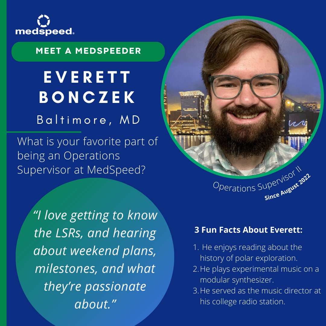 MedSpeed's tweet photo. Meet this month’s Meet a MedSpeeder, Everett Bonczek! Everett joined the Baltimore, MD team in August 2022. One of his favorite parts of his job is getting to know the LSRs and learning about their passions.
#MeetAMedSpeeder #MedSpeed #healthcare #logistics https://t.co/zO6InZQ2f3