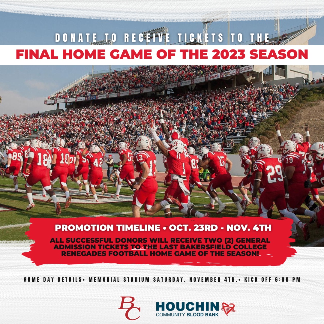 🩸❤️ GIVE BLOOD, SCORE FREE TICKETS! 🏈🎟️
Donate blood and score FREE tickets to the Bakersfield College football game on November 4th! Tickets are limited and will be distributed out at 2 per donation until they’re all gone. Let’s save lives and cheer on the ‘Gades! 🩸🏈🎟️