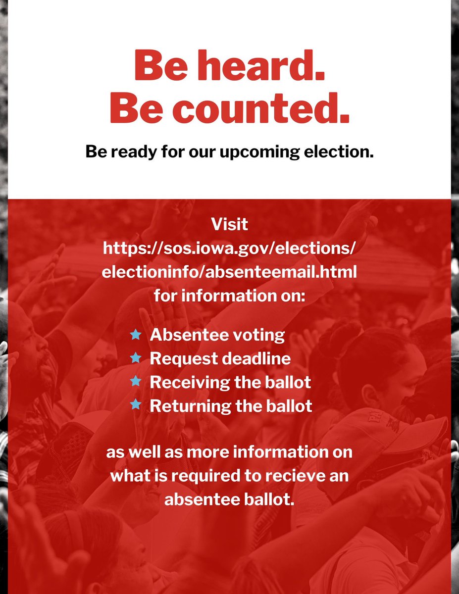 The 2024 election is approaching us! Here are a few reminders and information from our Iowa Secretary of State! 

All voters are also encouraged to provide a phone number and email address in the event their County Auditor needs to confirm any information on the request form.