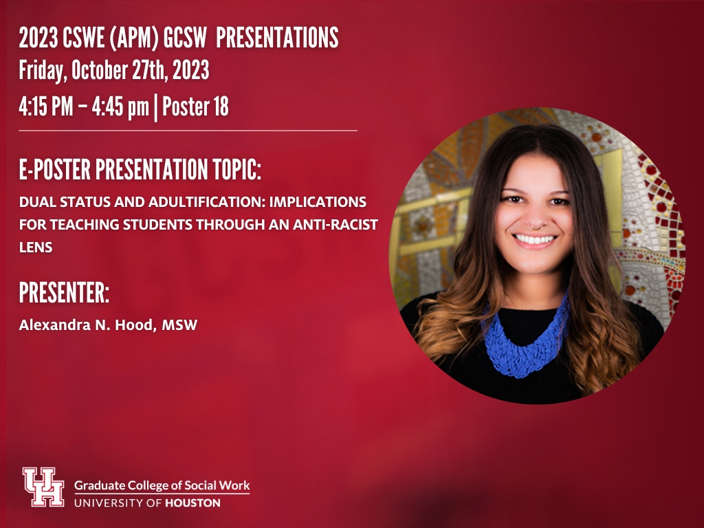 UH_SocialWork's tweet image. COMING UP: E-Poster Presentation by Doctoral Candidate Alexandra N. Hood. #cswe23 #APM23