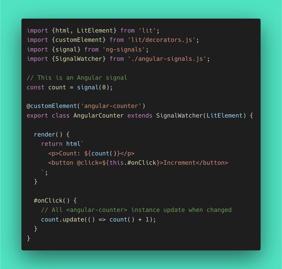 🚦 Now that we shipping Preact signals integration for Lit with the @ lit-labs/preact-signals package, would anyone be interested in an Angular Signals integration?

See a demo on the lit.dev playground:

lit.dev/playground/#gi…