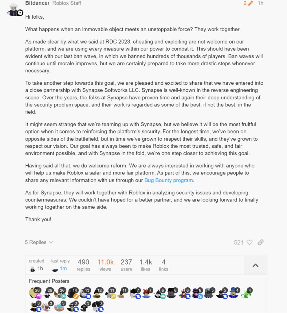 EventHunters - Roblox News on X: Earlier today a Roblox team member posted  that Roblox has partnered with Synapse to analyze security issues and  develop countermeasures. Synapse, previously known as one of