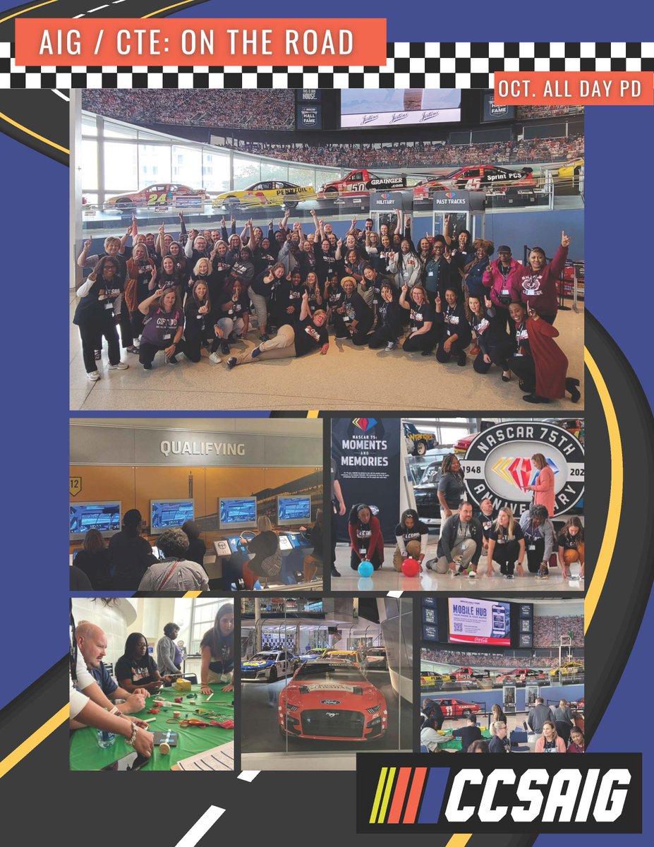 NASCAR Hall of Fame in Charlotte hosted an incredible professional development day as AIG and CTE partnered to learn "On the Road!" 🌟🏎️ Teachers got hands-on experience in team building, problem-solving, STEM and career exposure through numerous challenges. 🏁🏆