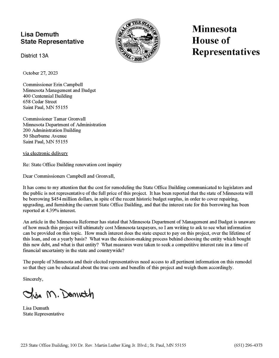 The lack of transparency from MMB on what Minnesota taxpayers will be on the hook for when Democrats’ luxury office building renovation is all said and done is unacceptable. Read the letter @LisaDemuthMN sent to MMB requesting the full cost below. #mnleg