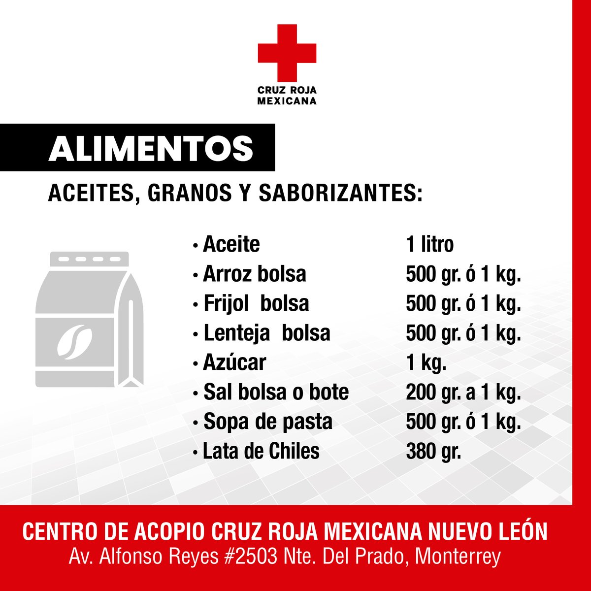 CruzRojaNL's tweet photo. Apertura de Centro de Acopio 🚨
para los damnificados en el Estado de Guerrero
Cruz Roja Mexicana Nuevo León ⛑️ 🇲🇽
.
📍 Av. Alfonso Reyes #2503 Nte. Col. Del Prado en Monterrey
🗓️ Horario  lunes a domingo ⏰ 08:00 Hrs a 10:00 Hrs.
#AyudarNosMueve #CruzRoja #HuracánOTIS https://t.co/SSxEzBui0u