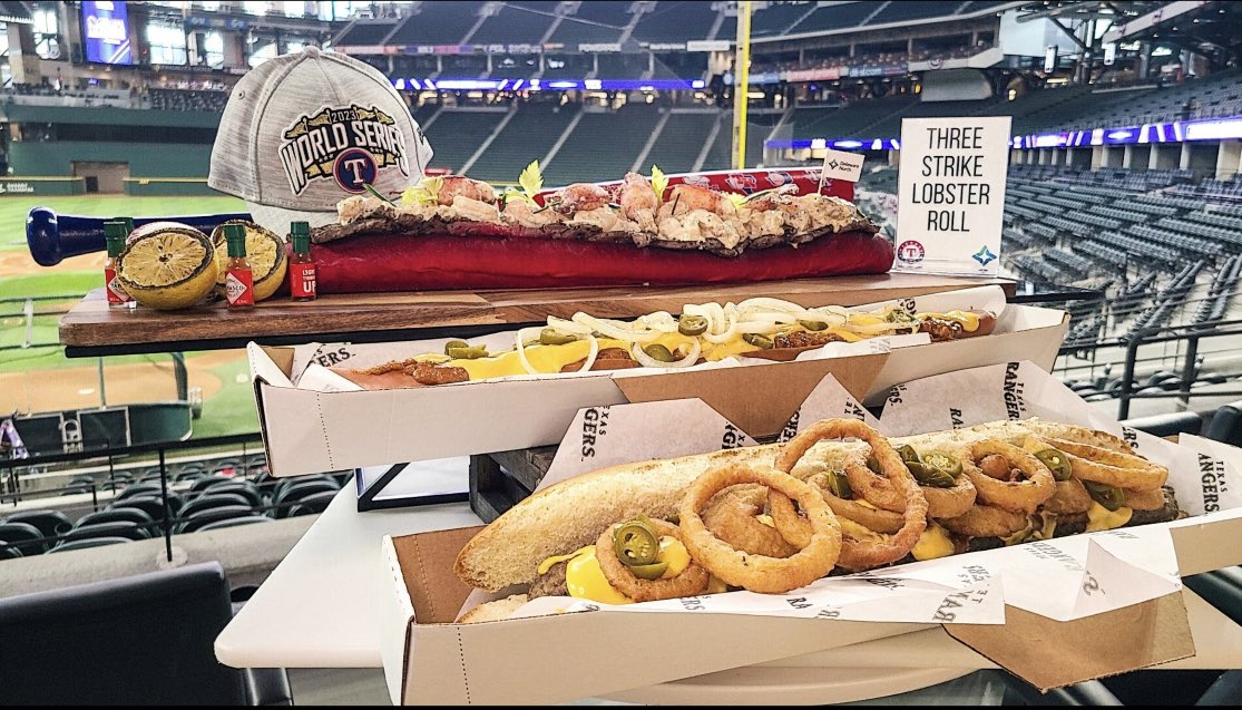 CoinMstrNFT's tweet photo. For only $250 during 2023 World Series games at the Texas Rangers' ballpark, you will receive a lobster roll, a Boomstick and a Boomstick Burger. It's called the Three Strikes Lobster Roll. If you buy it Please let as know how good it was!👌 https://t.co/xTEnQ69yaN